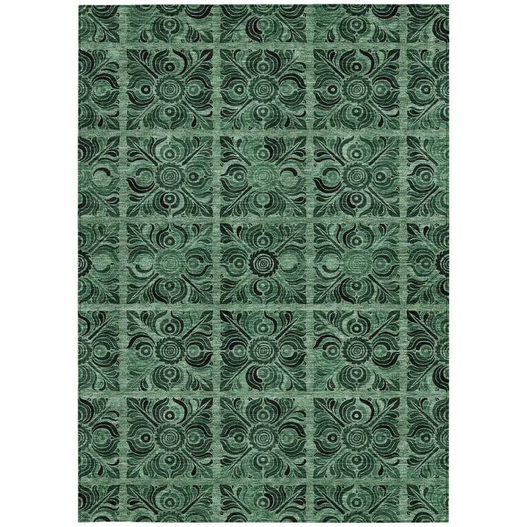 10' X 14' Fern Green And Charcoal Medallion Washable Indoor Outdoor Area Rug