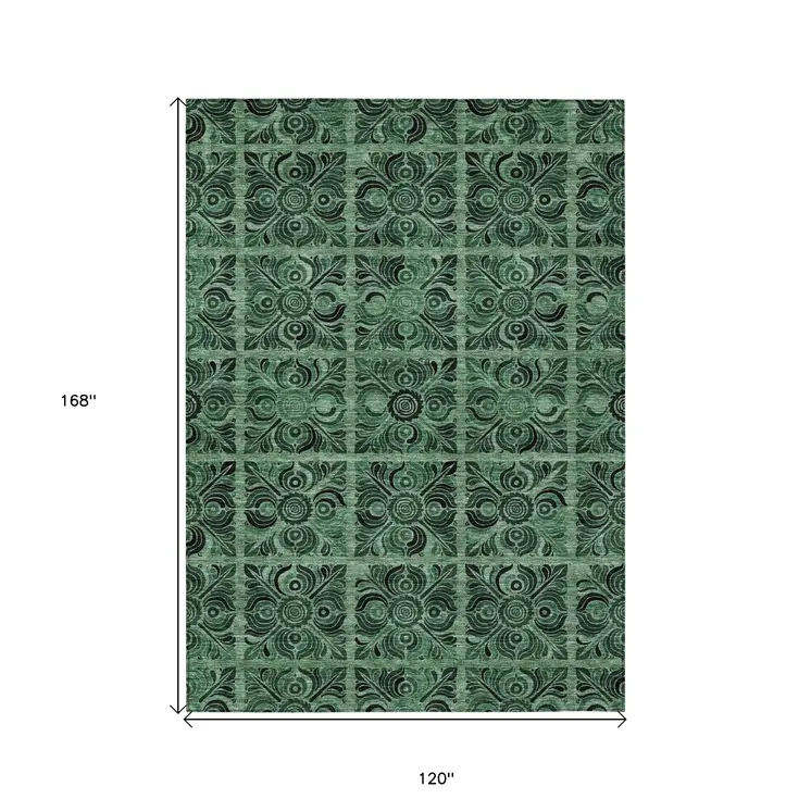 10' X 14' Fern Green And Charcoal Medallion Washable Indoor Outdoor Area Rug