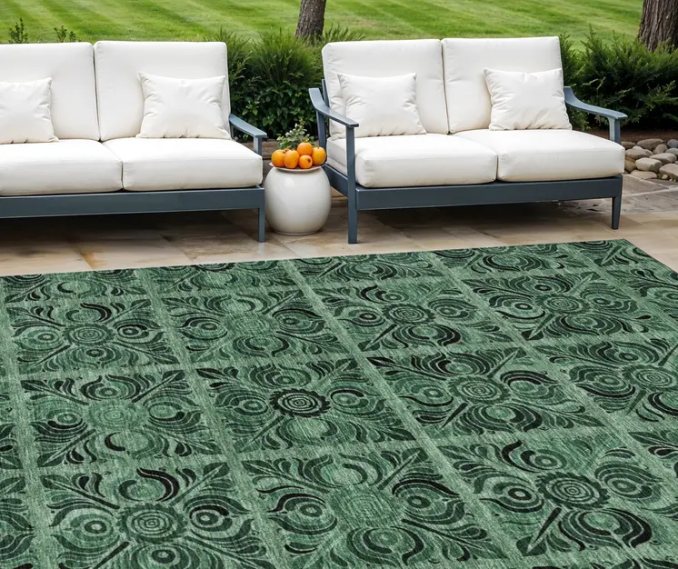 10' X 14' Fern Green And Charcoal Medallion Washable Indoor Outdoor Area Rug