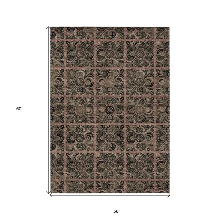 3' X 5' Orange Copper And Charcoal Medallion Washable Indoor Outdoor Area Rug