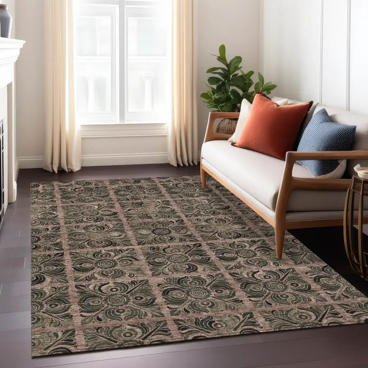 3' X 5' Orange Copper And Charcoal Medallion Washable Indoor Outdoor Area Rug