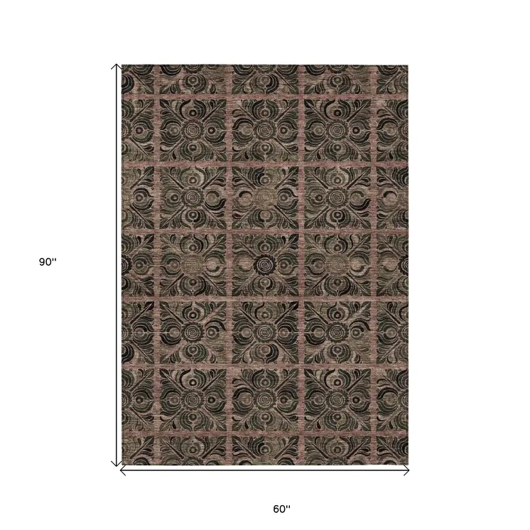 5' X 8' Orange Copper And Charcoal Medallion Washable Indoor Outdoor Area Rug