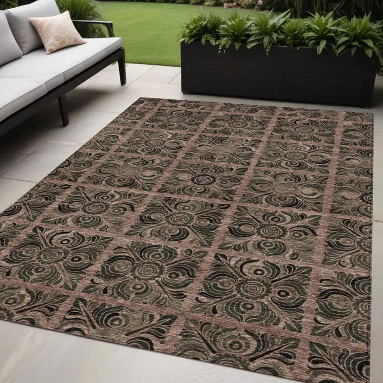 5' X 8' Orange Copper And Charcoal Medallion Washable Indoor Outdoor Area Rug
