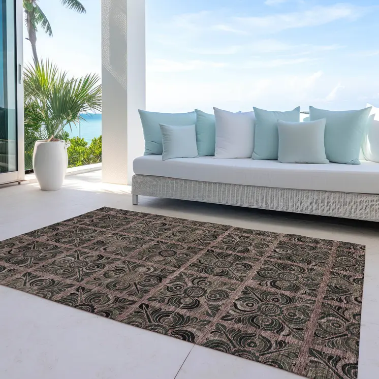5' X 8' Orange Copper And Charcoal Medallion Washable Indoor Outdoor Area Rug