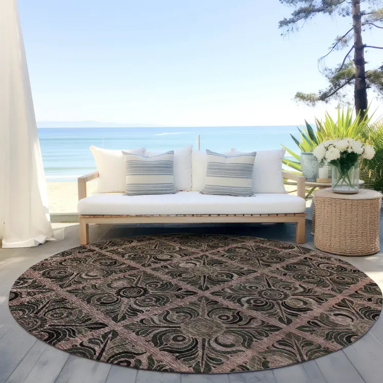 8' Orange Copper And Charcoal Round Medallion Washable Indoor Outdoor Area Rug