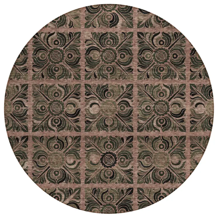 8' Orange Copper And Charcoal Round Medallion Washable Indoor Outdoor Area Rug
