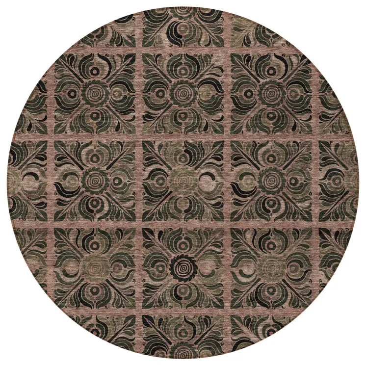 8' Orange Copper And Charcoal Round Medallion Washable Indoor Outdoor Area Rug