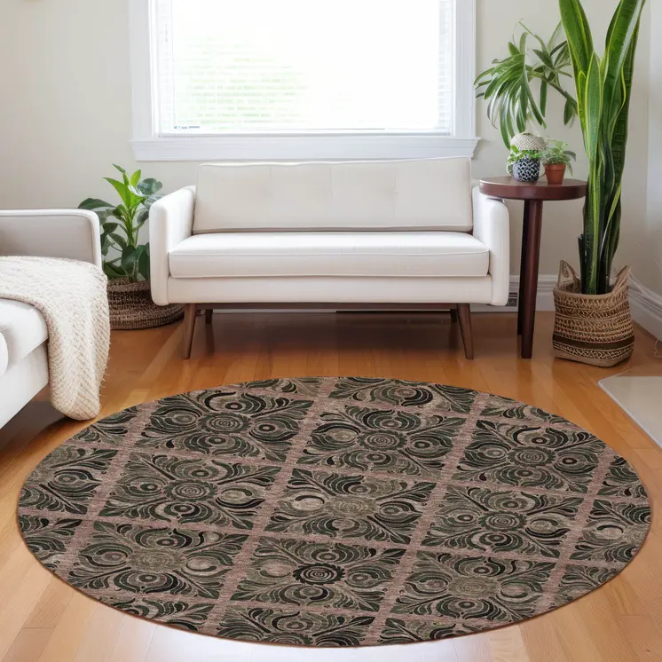 8' Orange Copper And Charcoal Round Medallion Washable Indoor Outdoor Area Rug