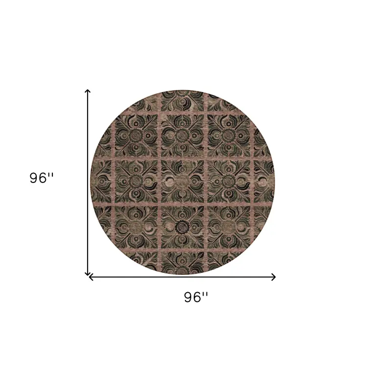 8' Orange Copper And Charcoal Round Medallion Washable Indoor Outdoor Area Rug