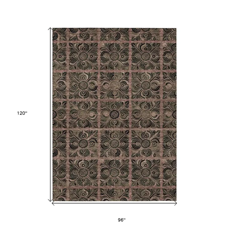 8' X 10' Orange Copper And Charcoal Medallion Washable Indoor Outdoor Area Rug