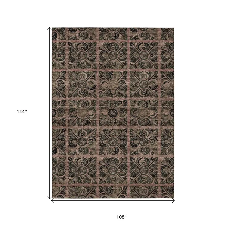 9' X 12' Orange Copper And Charcoal Medallion Washable Indoor Outdoor Area Rug