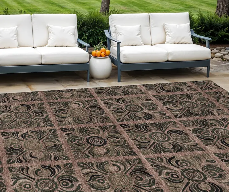 9' X 12' Orange Copper And Charcoal Medallion Washable Indoor Outdoor Area Rug