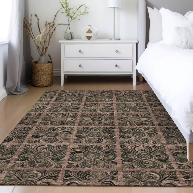 9' X 12' Orange Copper And Charcoal Medallion Washable Indoor Outdoor Area Rug