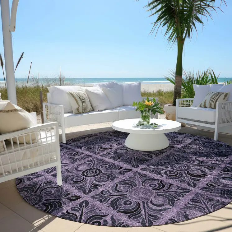8' Purple Plum And Charcoal Round Medallion Washable Indoor Outdoor Area Rug