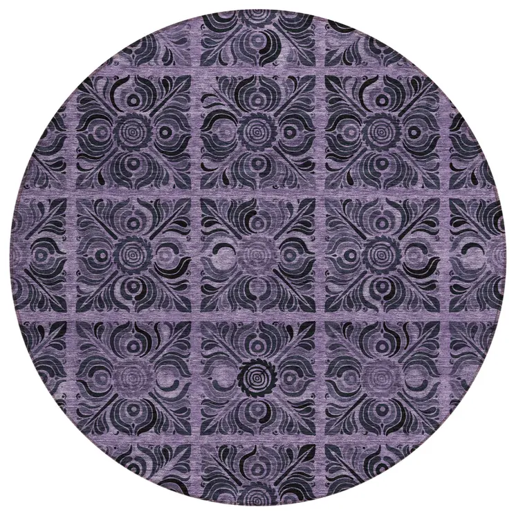 8' Purple Plum And Charcoal Round Medallion Washable Indoor Outdoor Area Rug