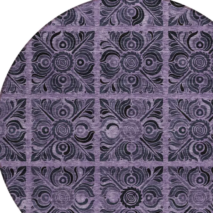 8' Purple Plum And Charcoal Round Medallion Washable Indoor Outdoor Area Rug