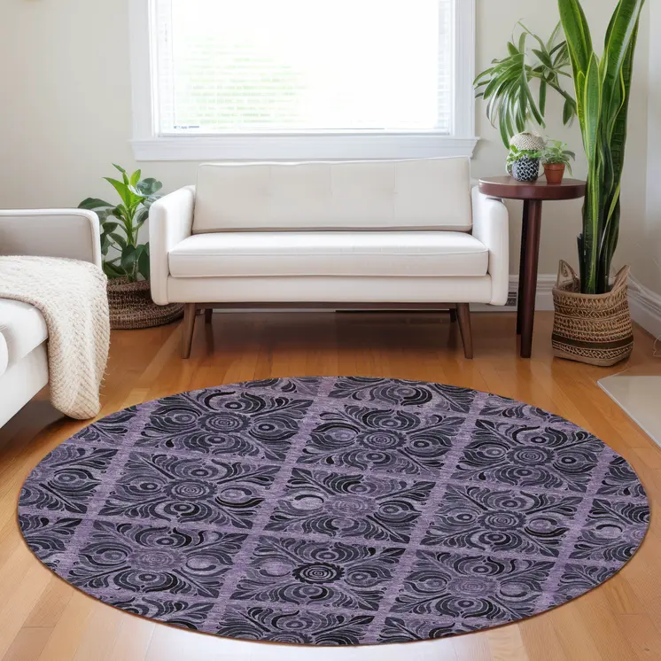 8' Purple Plum And Charcoal Round Medallion Washable Indoor Outdoor Area Rug