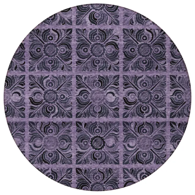 8' Purple Plum And Charcoal Round Medallion Washable Indoor Outdoor Area Rug