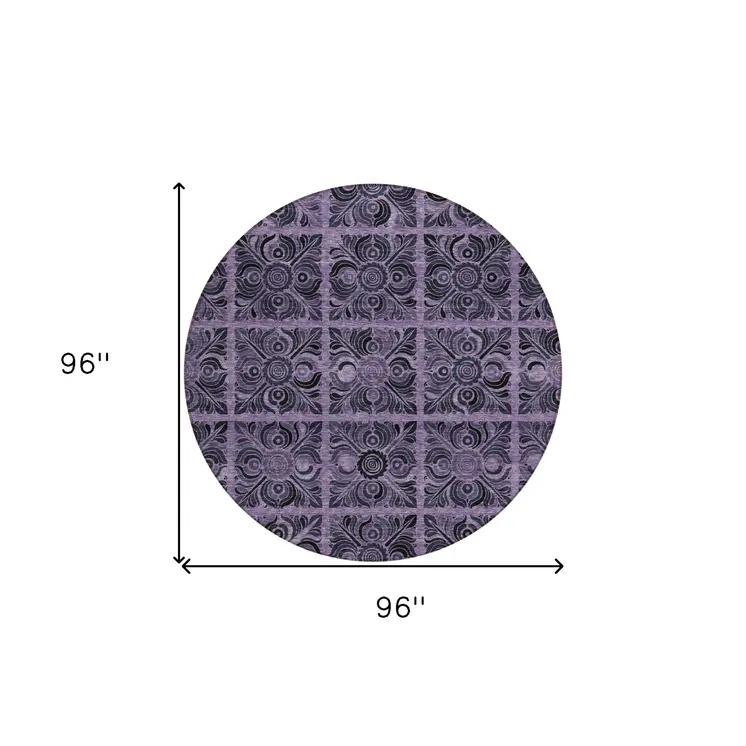 8' Purple Plum And Charcoal Round Medallion Washable Indoor Outdoor Area Rug
