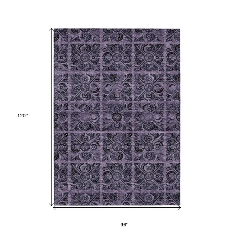 8' X 10' Purple Plum And Charcoal Medallion Washable Indoor Outdoor Area Rug