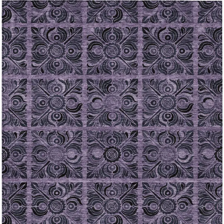 9' X 12' Purple Plum And Charcoal Medallion Washable Indoor Outdoor Area Rug