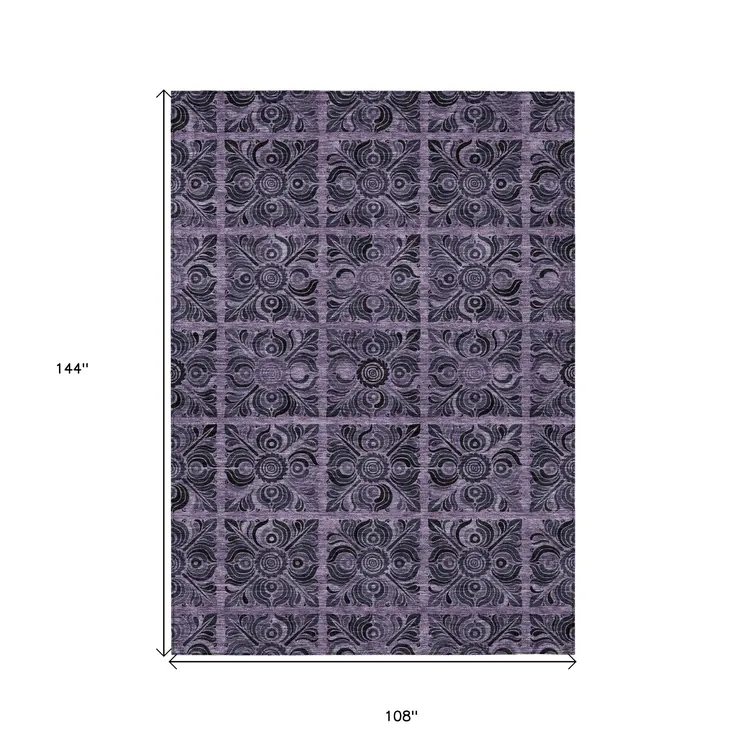 9' X 12' Purple Plum And Charcoal Medallion Washable Indoor Outdoor Area Rug