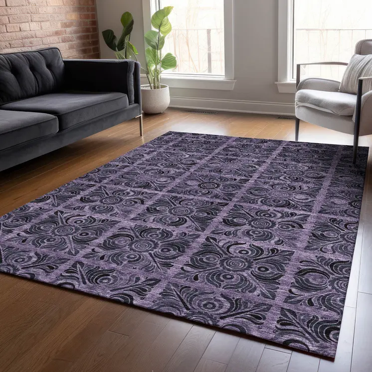 9' X 12' Purple Plum And Charcoal Medallion Washable Indoor Outdoor Area Rug