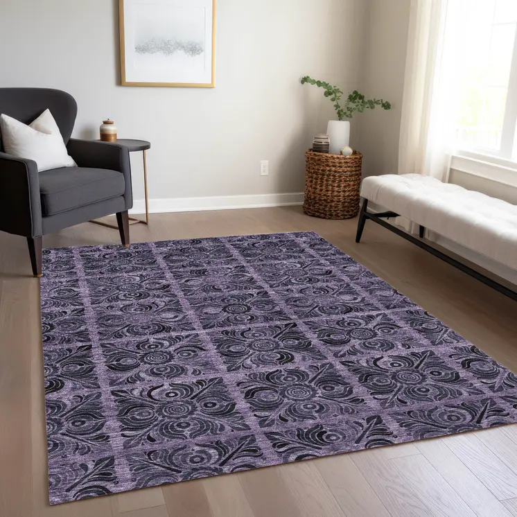 10' X 14' Purple Plum And Charcoal Medallion Washable Indoor Outdoor Area Rug