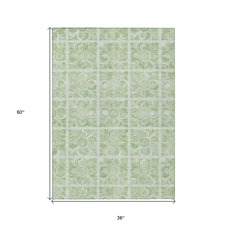 3' X 5' Artichoke Green And Mint Green Medallion Washable Indoor Outdoor Area Rug