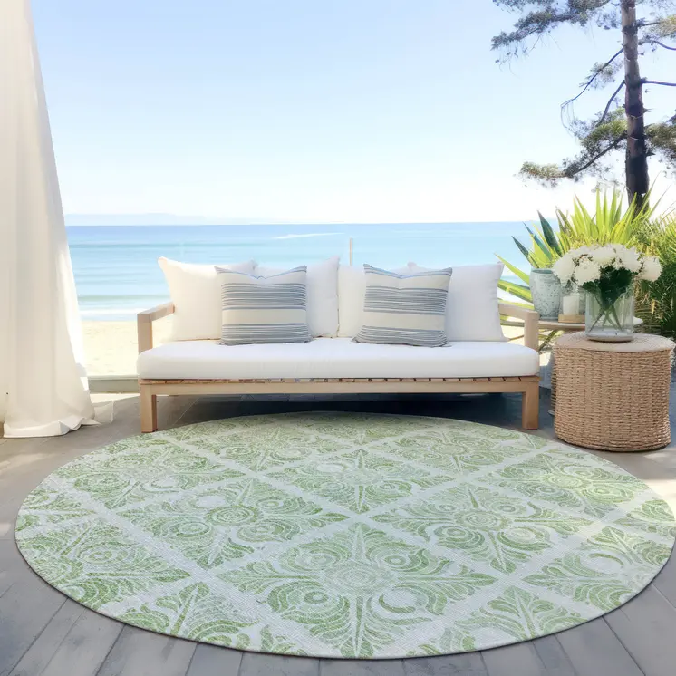 8' Artichoke Green And Mint Green Round Medallion Washable Indoor Outdoor Area Rug