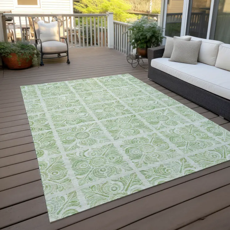 9' X 12' Artichoke Green And Mint Green Medallion Washable Indoor Outdoor Area Rug