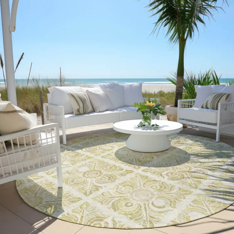 8' Beige And Tan Round Medallion Washable Indoor Outdoor Area Rug