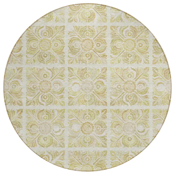 8' Beige And Tan Round Medallion Washable Indoor Outdoor Area Rug