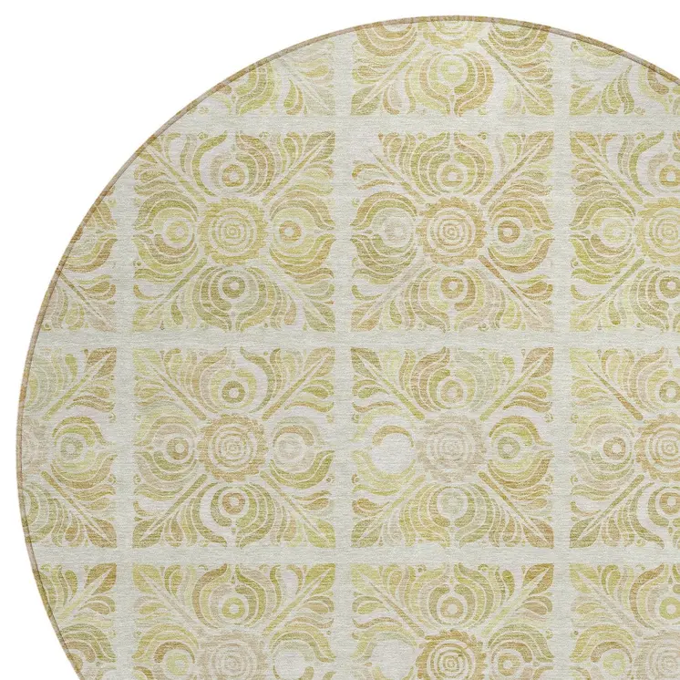8' Beige And Tan Round Medallion Washable Indoor Outdoor Area Rug