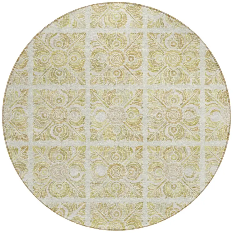 8' Beige And Tan Round Medallion Washable Indoor Outdoor Area Rug
