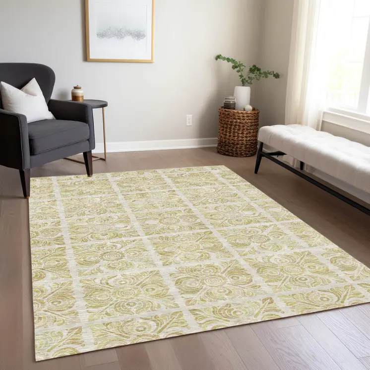 10' X 14' Beige And Tan Medallion Washable Indoor Outdoor Area Rug