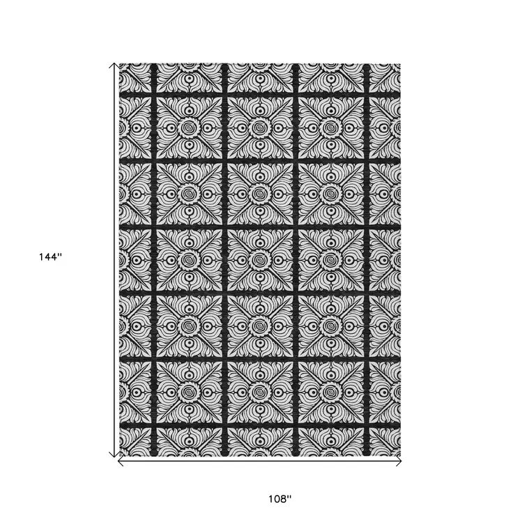 9' X 12' Black Ivory And Gray Medallion Washable Indoor Outdoor Area Rug