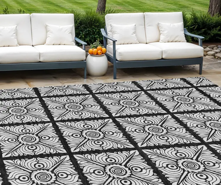 9' X 12' Black Ivory And Gray Medallion Washable Indoor Outdoor Area Rug