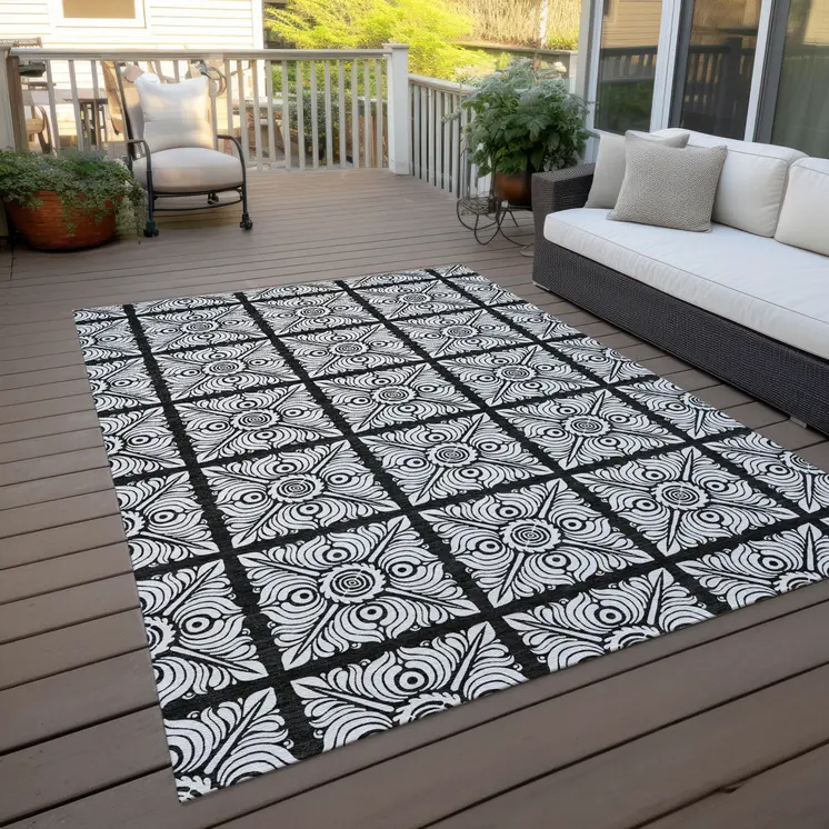 9' X 12' Black Ivory And Gray Medallion Washable Indoor Outdoor Area Rug