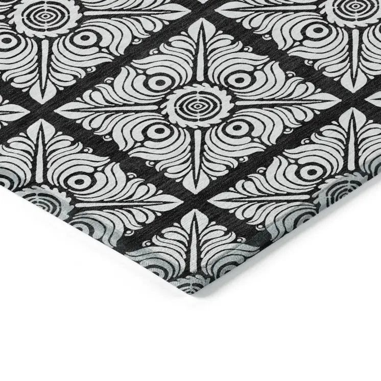 9' X 12' Black Ivory And Gray Medallion Washable Indoor Outdoor Area Rug