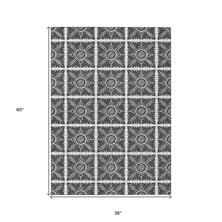 3' X 5' Ivory And Black Medallion Washable Indoor Outdoor Area Rug