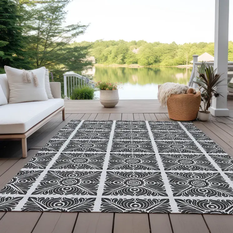 3' X 5' Ivory And Black Medallion Washable Indoor Outdoor Area Rug