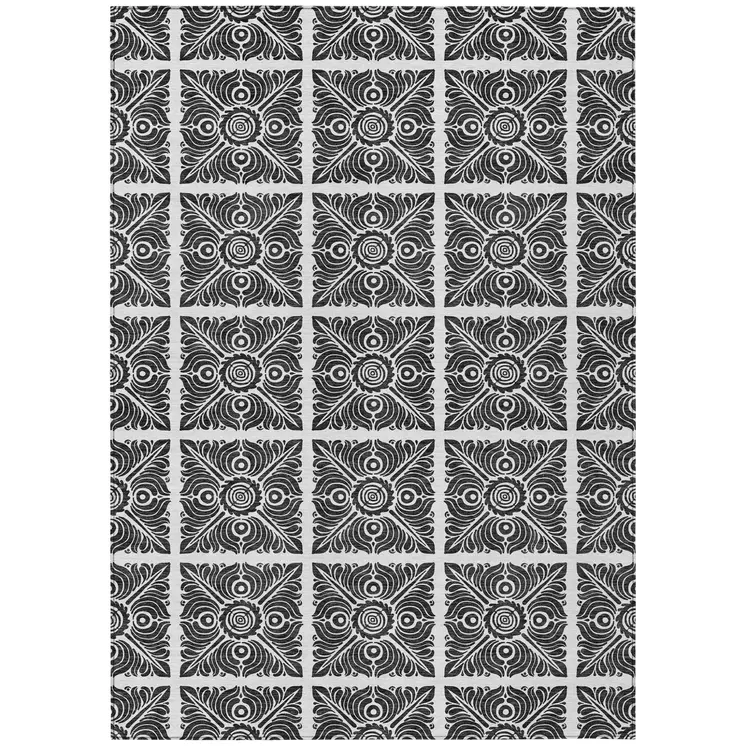 3' X 5' Ivory And Black Medallion Washable Indoor Outdoor Area Rug