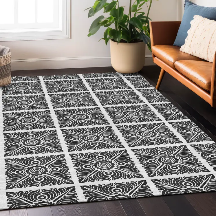 3' X 5' Ivory And Black Medallion Washable Indoor Outdoor Area Rug