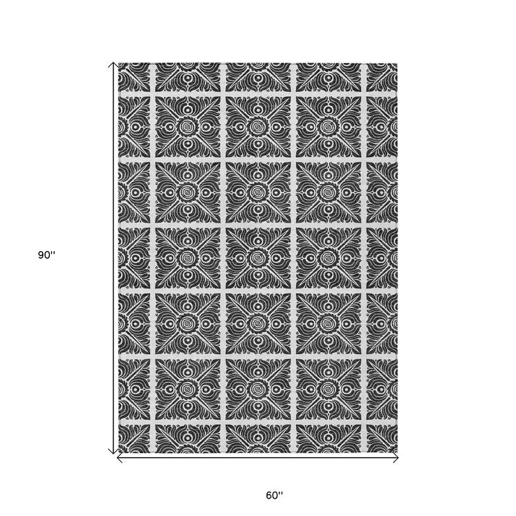 5' X 8' Ivory And Black Medallion Washable Indoor Outdoor Area Rug
