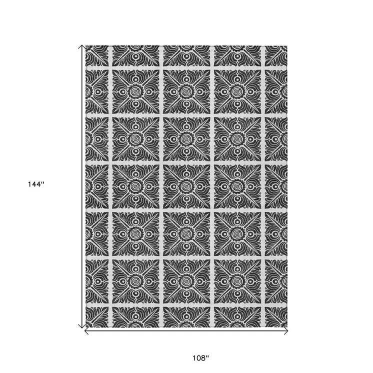 9' X 12' Ivory And Black Medallion Washable Indoor Outdoor Area Rug