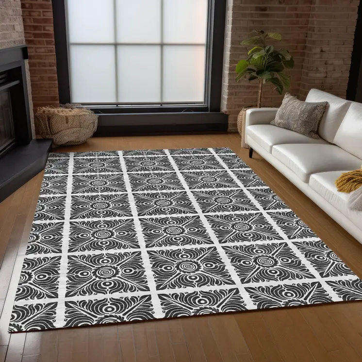 9' X 12' Ivory And Black Medallion Washable Indoor Outdoor Area Rug