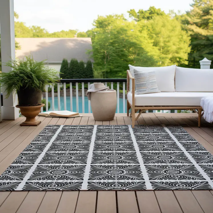 9' X 12' Ivory And Black Medallion Washable Indoor Outdoor Area Rug