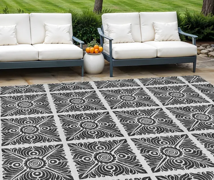 10' X 14' Ivory And Black Medallion Washable Indoor Outdoor Area Rug
