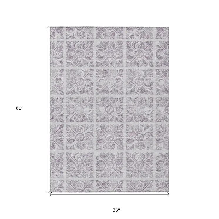 3' X 5' Lavender And Silver Medallion Washable Indoor Outdoor Area Rug